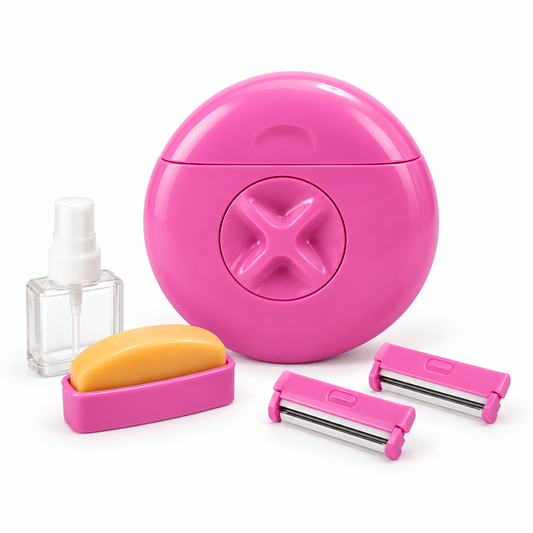 SilkGlide pink travel shaving kit with refillable sprayer, moisturising bar and two blades