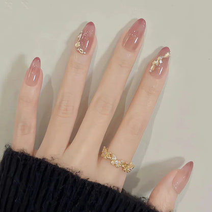 Aurora Glow Press-On Nails – long rose chrome nails with delicate white details | Glow Vanta