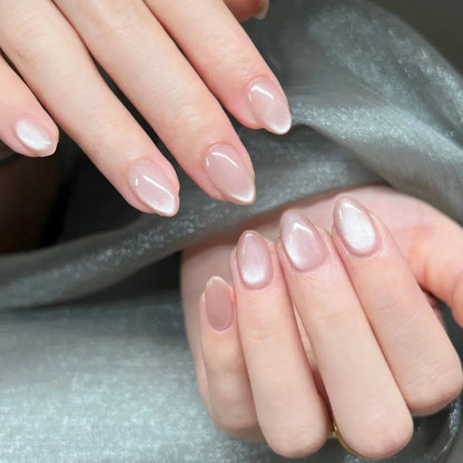 Aurora Glow Press-On Nails – short pink glazed nails with white accent details | Glow Vanta