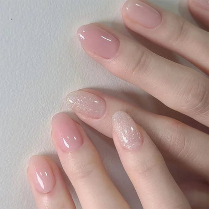 Aurora Glow Press-On Nails – translucent pink almond nails with subtle shimmer | Glow Vanta