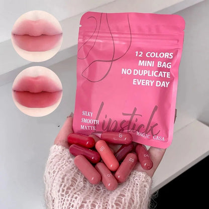 Glow Vanta LipVault – pink LipVault pouch with mini lip colours and lip swatches | Glow Vanta