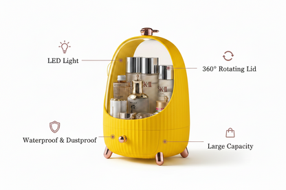 GlowBox Organiser – yellow organiser showing LED light, rotating lid and storage | Glow Vanta