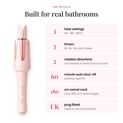 GlowCurl Pro – 3 heat settings, 3 timers, two-way rotation, 60-minute auto shut-off, 180cm swivel cord, UK plug