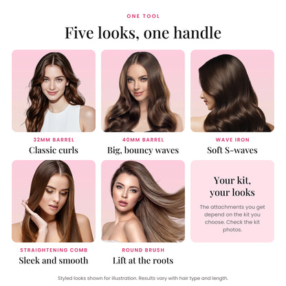 GlowCurl Pro – five looks from one tool: classic curls, big waves, S-waves, sleek straight hair and root lift