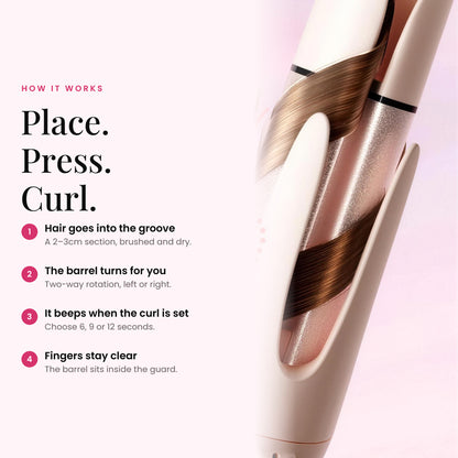 GlowCurl Pro – how it works: place hair in the groove, press, and the barrel curls it for you