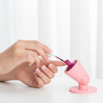 GlowGrip Nail Stand – hand using polish from the tilted pink stand | Glow Vanta