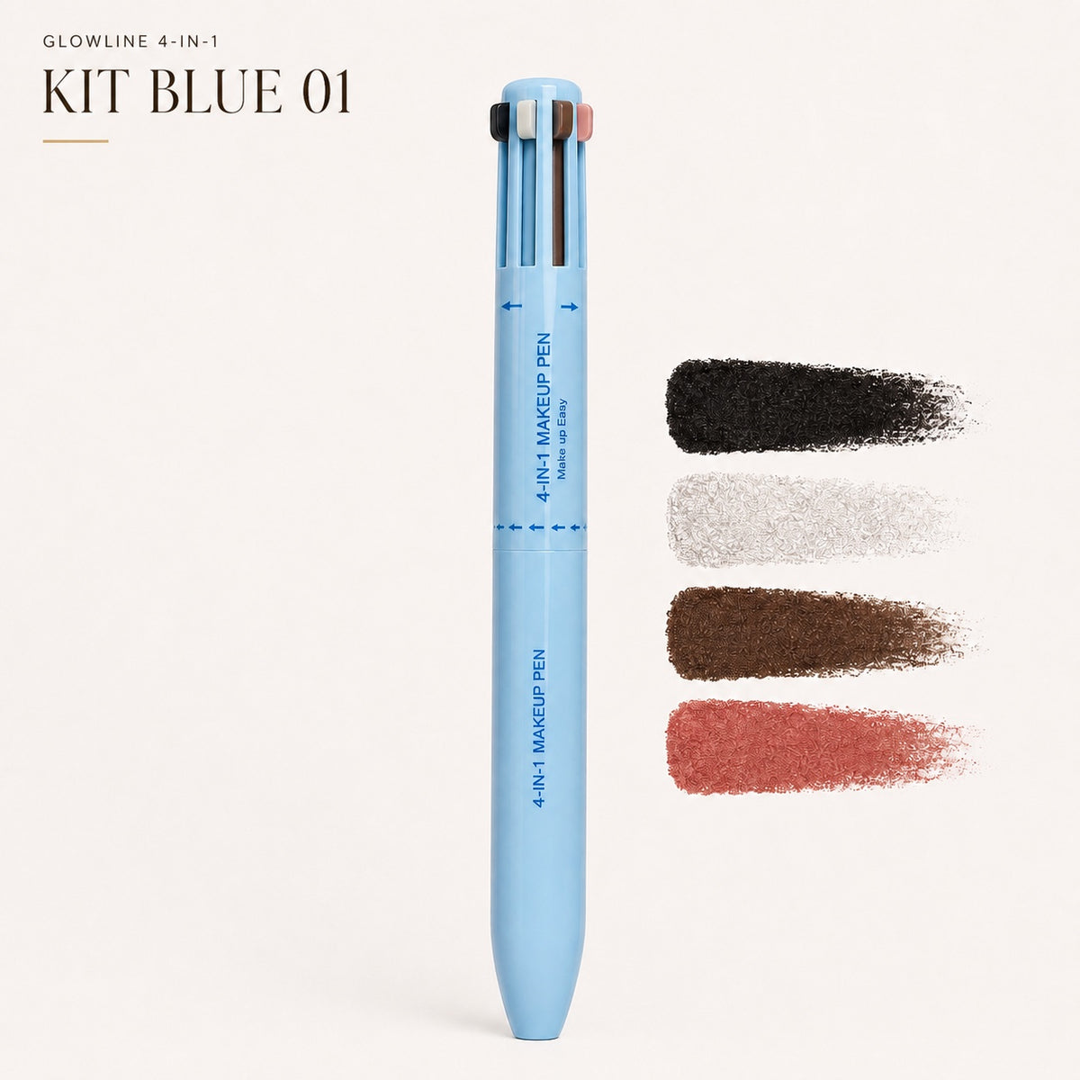 GlowLine 4-in-1 – Blue 01 pen with black, grey, brown and rose swatches | Glow Vanta
