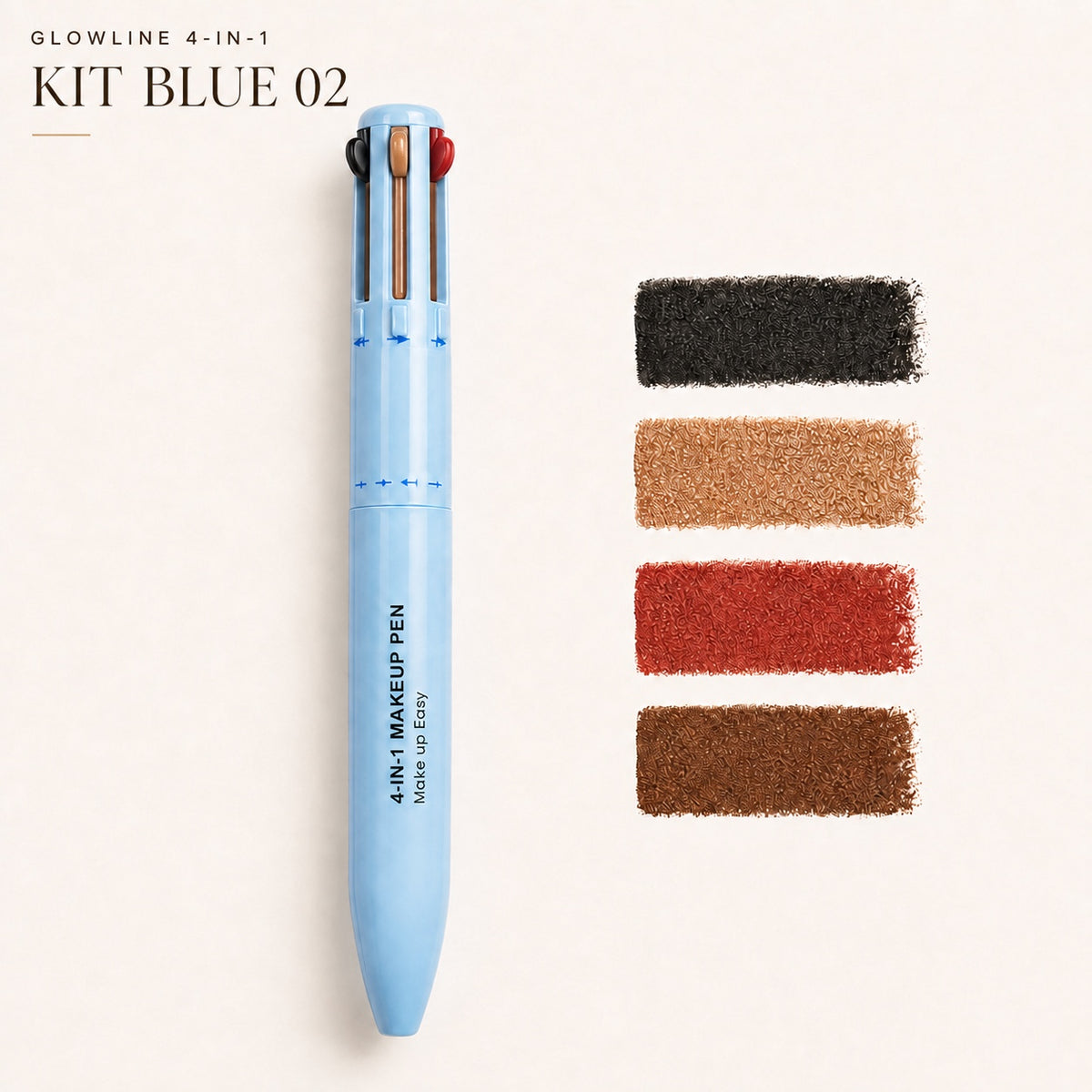 GlowLine 4-in-1 – Blue 02 pen with black, tan, orange and brown swatches | Glow Vanta