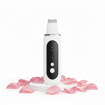 GlowSonic Cleanser – white ultrasonic skin scrubber on a soft pink background | Glow Vanta