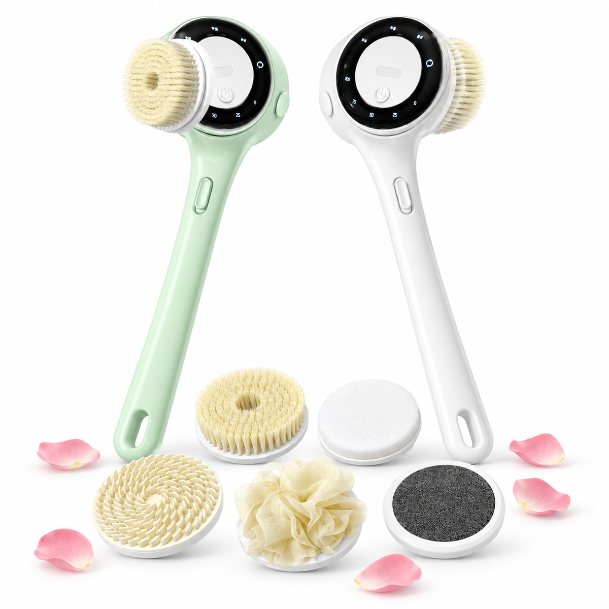 GlowSpa Pro electric body brushes in Green and White with five interchangeable heads and pink petals