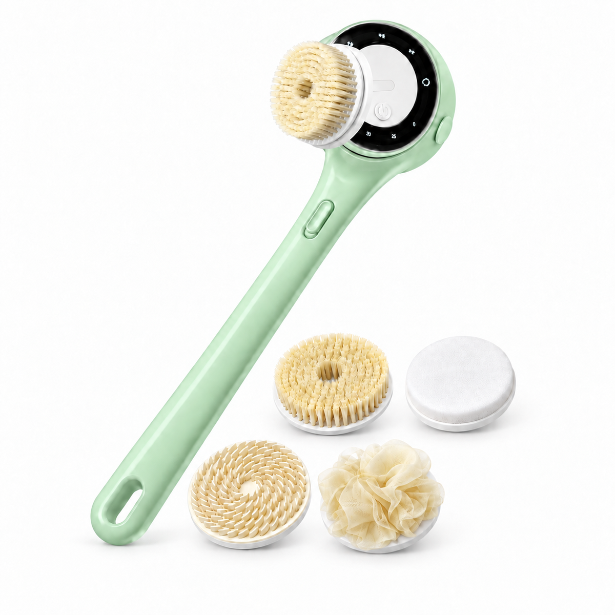 GlowSpa Pro 5-in-1 electric body brush in Green with four interchangeable attachments