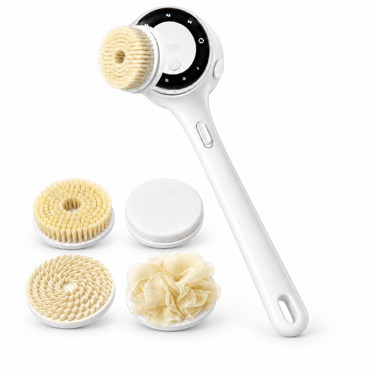 GlowSpa Pro 5-in-1 electric body brush in White with four interchangeable attachments