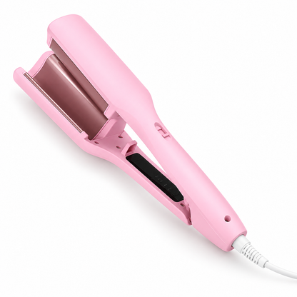 Pink GlowWave Pro 32mm deep waver with rose-gold plates on a white background