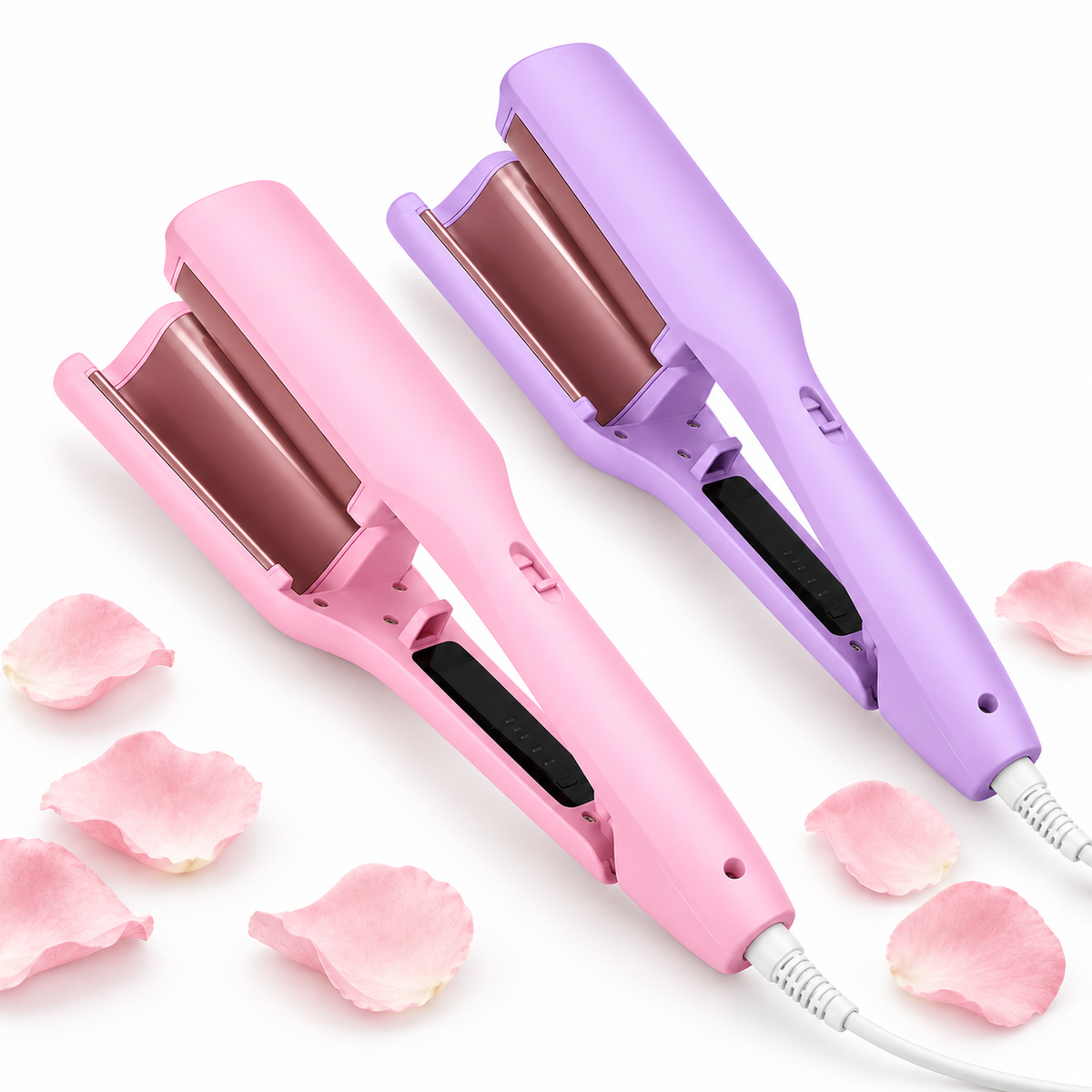 GlowWave Pro 32mm deep wavers in Pink and Purple with rose petals on a white background