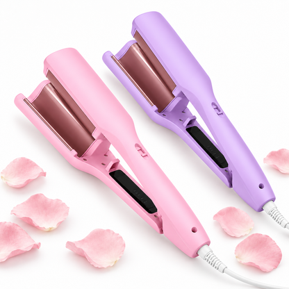 GlowWave Pro 32mm deep wavers in Pink and Purple with rose petals on a white background