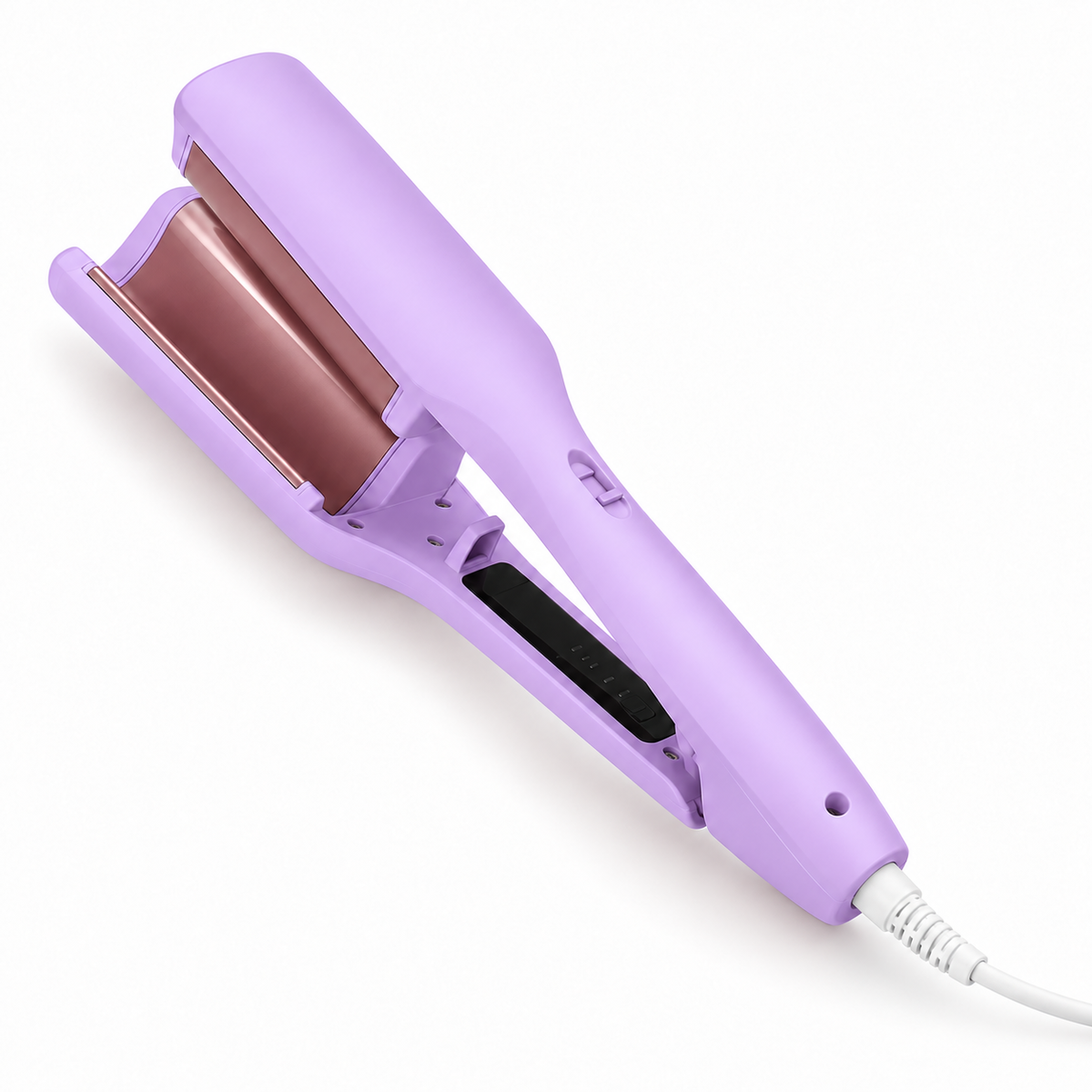 Purple GlowWave Pro 32mm deep waver with rose-gold plates on a white background