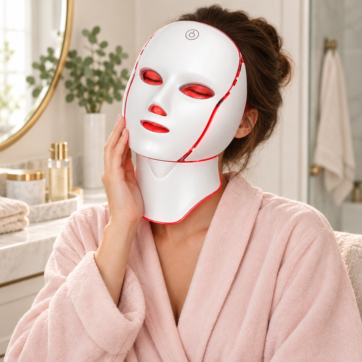 Woman wearing GLumaMask Pro during an at-home skincare routine | Glow Vanta