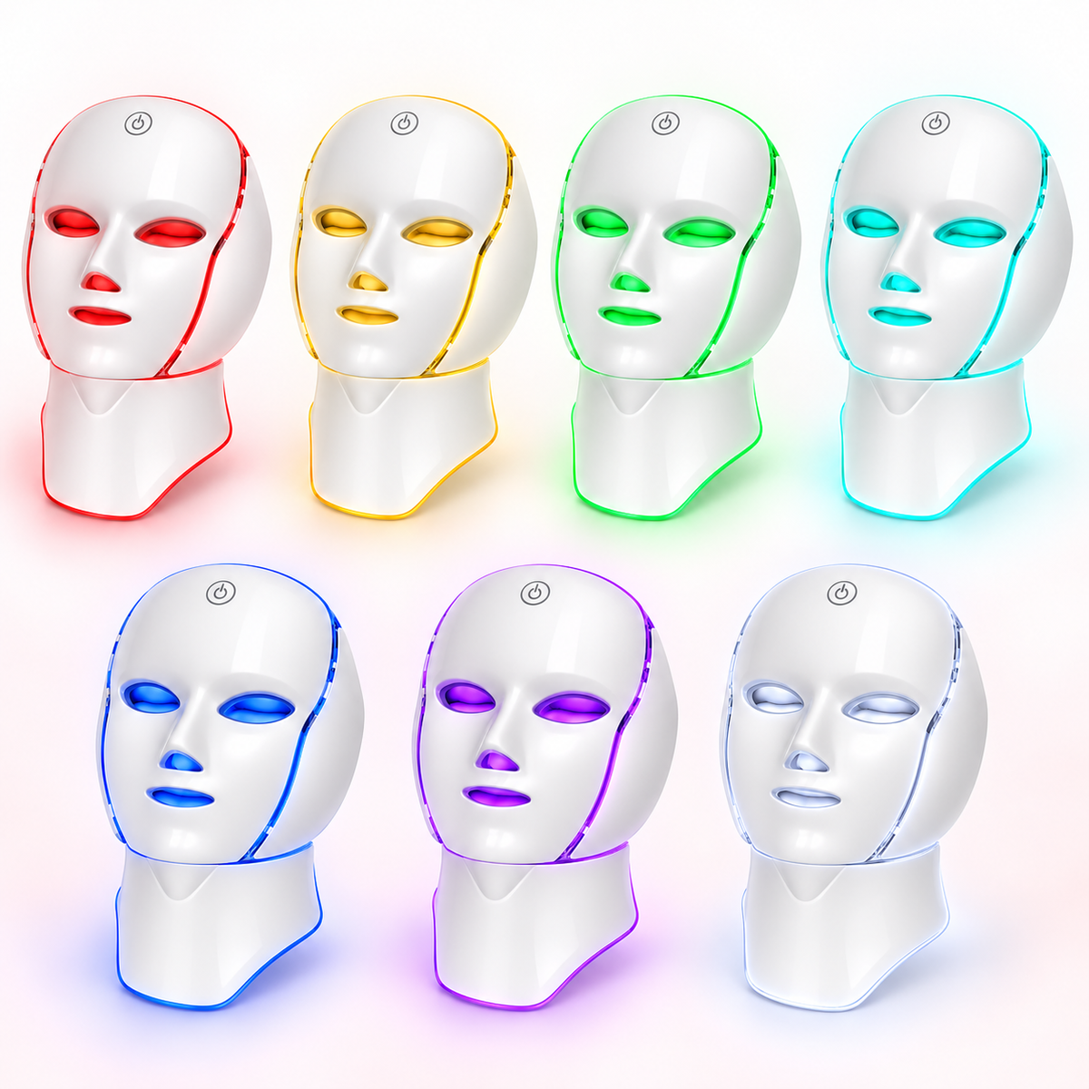 GLumaMask Pro showing its seven LED colours – red, yellow, green, cyan, blue, purple and white | Glow Vanta