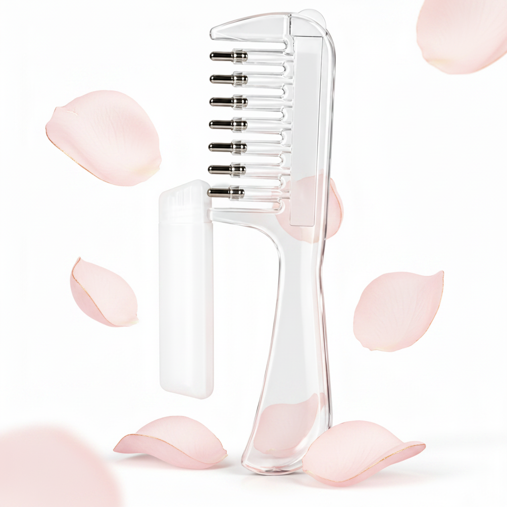ScalpFlow oil applicator comb with pink rose petals on white background