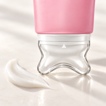 Close-up of NeckSilk curved massage applicator beside lightweight cream texture