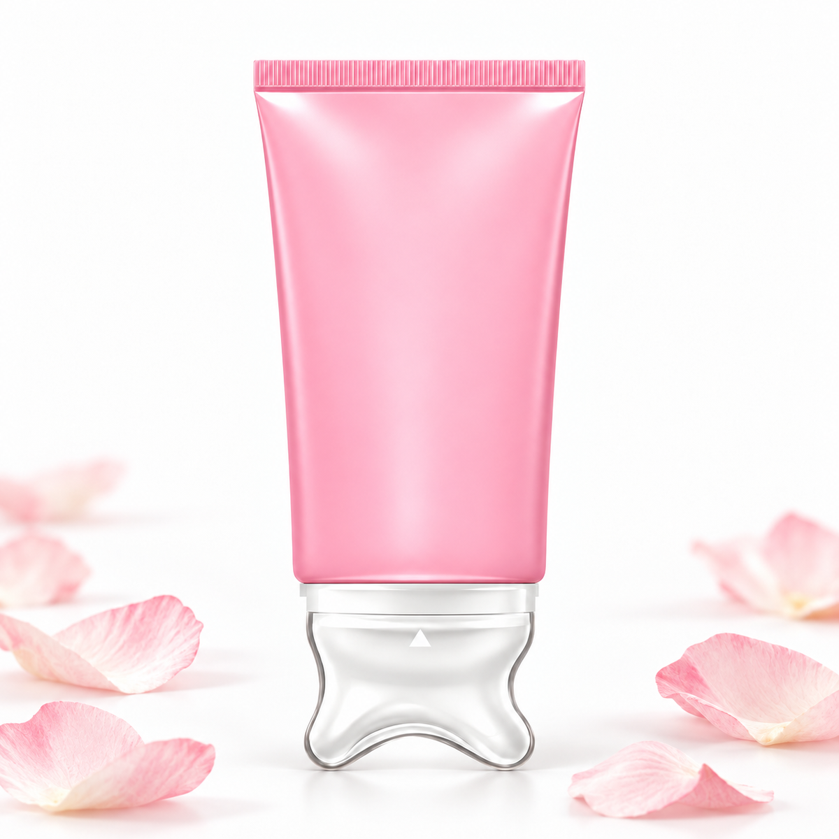 NeckSilk pink neck cream with clear massage applicator and soft pink petals