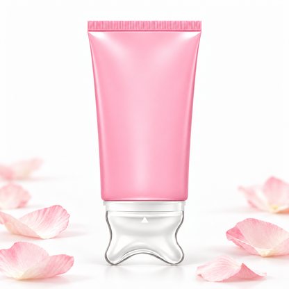 NeckSilk pink neck cream with clear massage applicator and soft pink petals