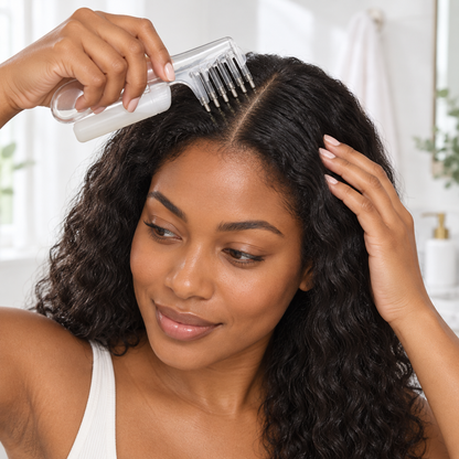 Woman applying scalp oil with the ScalpFlow applicator comb
