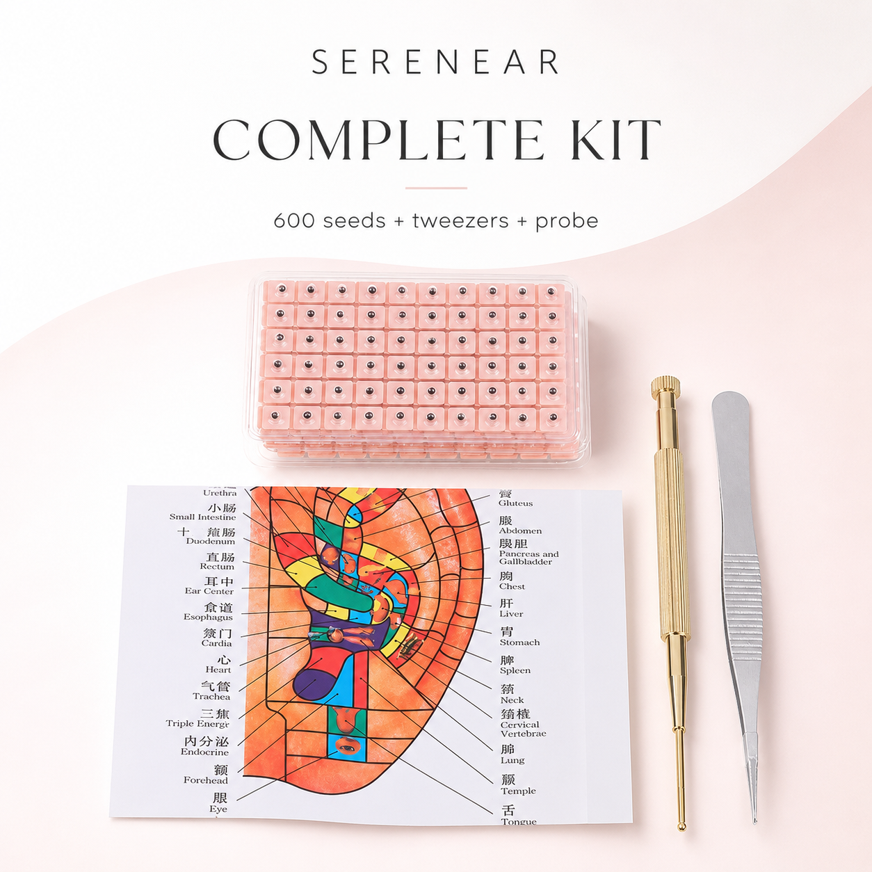 SerenEar Complete Kit – 600 ear seeds, tweezers and auricular probe