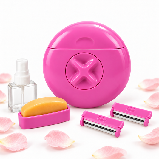 SilkGlide pink portable shaving kit with spray bottle, moisturising bar, blades and pink petals