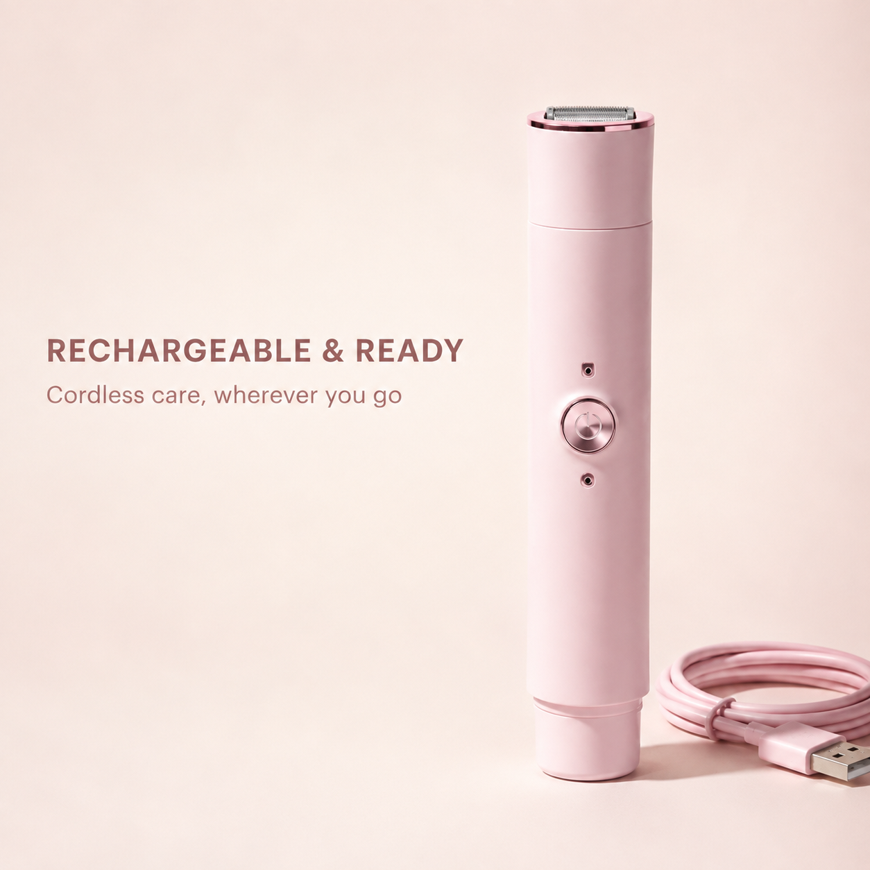 SilkTouch Pro Pink rechargeable cordless trimmer with USB cable
