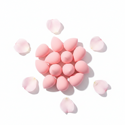 VelvetTouch Puff Set – pink teardrop make-up puffs on a soft background | Glow Vanta
